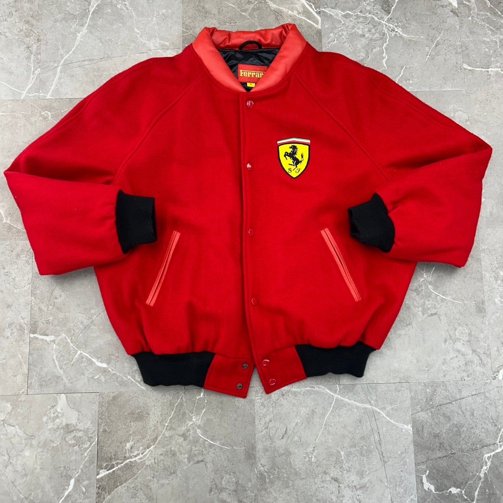 Vintage Ferrari Bomber Jacket Mens XL Wool Racing Coat Embroidered F1 Schumacher
